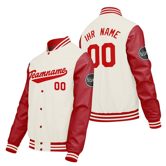 Maßgeschneiderte Creme Weiß Rot Letterman Varsity Jacket Individuelle Stickerei Druck nach Ihrem Wunsch