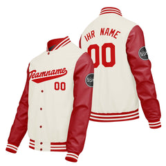 Maßgeschneiderte Creme Weiß Rot Letterman Varsity Jacket Individuelle Stickerei Druck nach Ihrem Wunsch