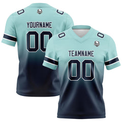 Benutzerdefinierte Hell Türkis Marineblau Gradient Fußball Trikots Personalisierter Name Nummer Logo