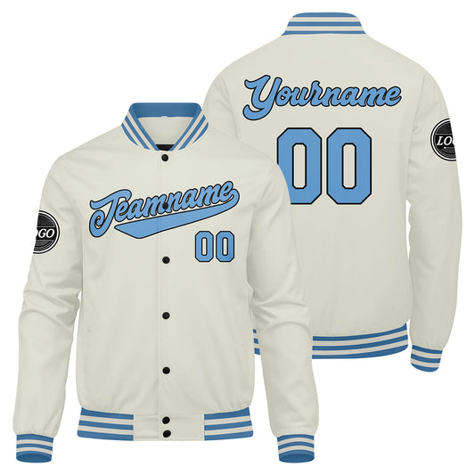 Benutzerdefinierte Verlauf Varsity-Jacke. Letterman-Jacke Creme Hellblau