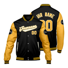Maßgeschneiderte Schwarz Gelb Letterman Varsity Jacket Individuelle Stickerei Druck nach Ihrem Wunsch