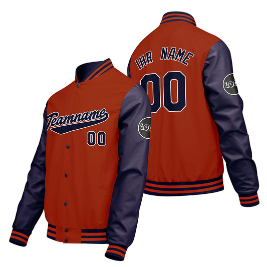 Maßgeschneiderte Orange Lila Letterman Varsity Jacket Individuelle Stickerei Druck nach Ihrem Wunsch