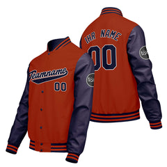 Maßgeschneiderte Orange Lila Letterman Varsity Jacket Individuelle Stickerei Druck nach Ihrem Wunsch