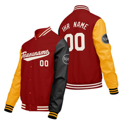 Maßgeschneiderte Rot Gelb Schwarz Letterman Varsity Jacket Individuelle Stickerei Druck nach Ihrem Wunsch