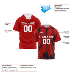 Benutzerdefinierte Rot Schwarz Kurzarm-Kapuzenpullover für Männer Frauen Hemden mit Kapuzen gedruckt Name Logo