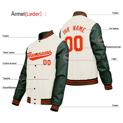 Maßgeschneiderte Creme Weiß Grün Letterman Varsity Jacket Individuelle Stickerei Druck nach Ihrem Wunsch
