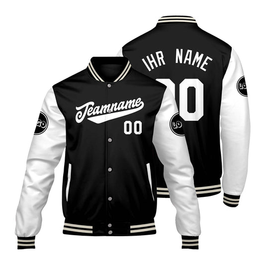 Maßgeschneiderte Schwarz Weiß Letterman Varsity Jacket Individuelle Stickerei Druck nach Ihrem Wunsch