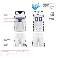 Benutzerdefinierte Weiß Violett Schwarz Reversible Basketball Jersey Personalisierte Print Name Nummer Logo