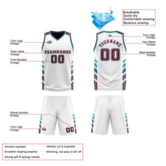 Benutzerdefinierte Weiß Granat Türkis Reversible Basketball Jersey Personalisierte Print Name Nummer Logo