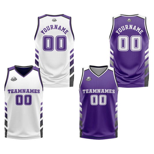 Benutzerdefinierte Weiß Violett Schwarz Reversible Basketball Jersey Personalisierte Print Name Nummer Logo