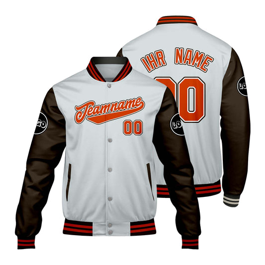 Maßgeschneiderte Hellgrau Braun Letterman Varsity Jacket Individuelle Stickerei Druck nach Ihrem Wunsch