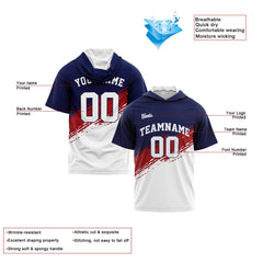 Benutzerdefinierte Marine Rot Weiß Kurzarm-Kapuzenpullover für Männer Frauen Hemden mit Kapuzen gedruckt Name Logo