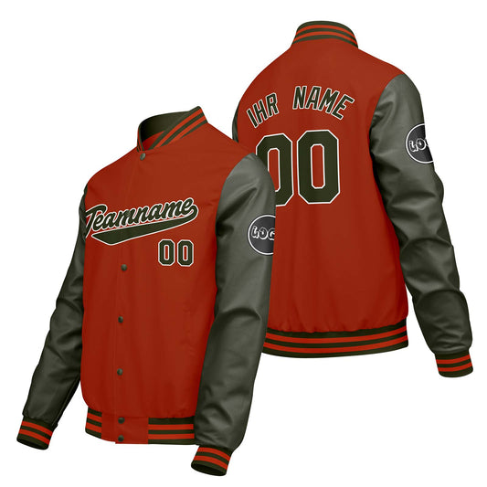 Maßgeschneiderte Orange Grün Letterman Varsity Jacket Individuelle Stickerei Druck nach Ihrem Wunsch