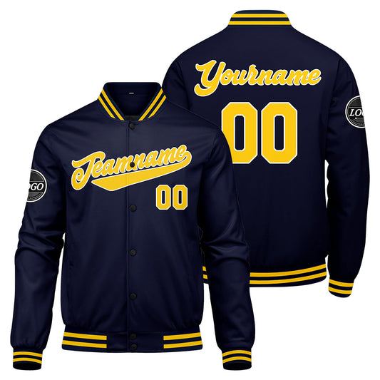 Benutzerdefinierte Verlauf Varsity-Jacke. Letterman-Jacke Marine Gelb