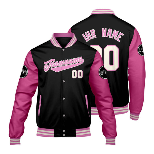 Maßgeschneiderte Schwarz Rosa Letterman Varsity Jacket Individuelle Stickerei Druck nach Ihrem Wunsch
