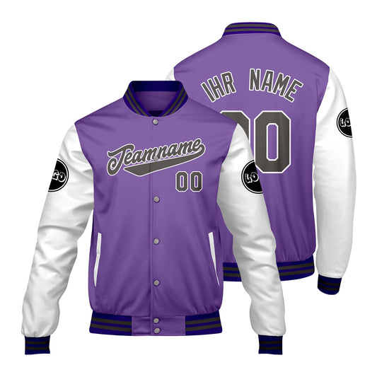 Maßgeschneiderte Lila Weiß Letterman Varsity Jacket Individuelle Stickerei Druck nach Ihrem Wunsch