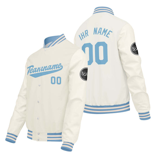 Maßgeschneiderte Creme Weiß Letterman Varsity Jacket Individuelle Stickerei Druck nach Ihrem Wunsch