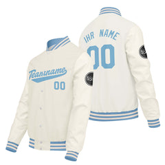 Maßgeschneiderte Creme Weiß Letterman Varsity Jacket Individuelle Stickerei Druck nach Ihrem Wunsch