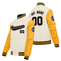 Maßgeschneiderte Creme Weiß Gelb Letterman Varsity Jacket Individuelle Stickerei Druck nach Ihrem Wunsch