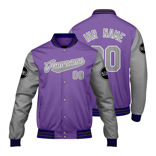 Maßgeschneiderte Lila Hellgrau Letterman Varsity Jacket Individuelle Stickerei Druck nach Ihrem Wunsch