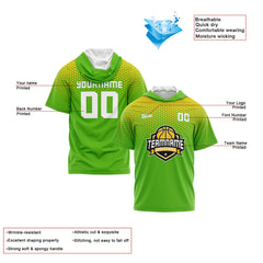 Benutzerdefinierte Grün Gelb Kurzarm-Kapuzenpullover für Männer Frauen Hemden mit Kapuzen gedruckt Name Logo