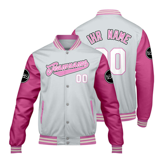 Maßgeschneiderte Hellgrau Rosa Letterman Varsity Jacket Individuelle Stickerei Druck nach Ihrem Wunsch