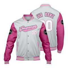 Maßgeschneiderte Hellgrau Rosa Letterman Varsity Jacket Individuelle Stickerei Druck nach Ihrem Wunsch