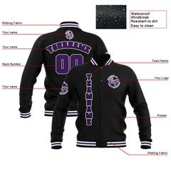 Benutzerdefiniert Schwarz Lila Weiß Wasserdichte Varsity Jacken Personalisiert genäht Name Nummer Logo zu Letterman Jacken