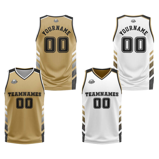 Benutzerdefinierte Gold Weiß Schwarz Reversible Basketball Jersey Personalisierte Print Name Nummer Logo