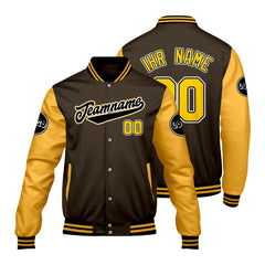Maßgeschneiderte Braun Gelb Letterman Varsity Jacket Individuelle Stickerei Druck nach Ihrem Wunsch