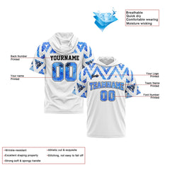 Benutzerdefinierte Weiß Blau Kurzarm-Kapuzenpullover für Männer Frauen Hemden mit Kapuzen gedruckt Name Logo