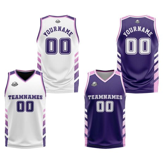 Benutzerdefinierte Weiß Violett Rosa Reversible Basketball Jersey Personalisierte Print Name Nummer Logo