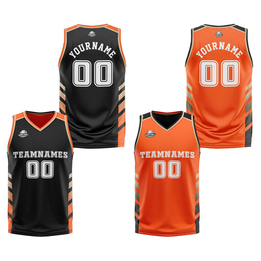 Benutzerdefinierte Schwarz Orange Gold Reversible Basketball Jersey Personalisierte Print Name Nummer Logo