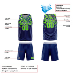 Benutzerdefinierte Marine Neon Grün Reversible Basketball Jersey Personalisierte Print Name Nummer Logo
