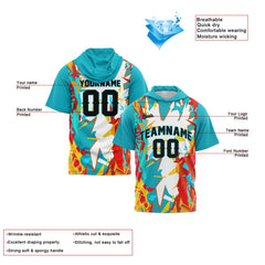 Benutzerdefinierte Aqua Kurzarm-Kapuzenpullover für Männer Frauen Hemden mit Kapuzen gedruckt Name Logo