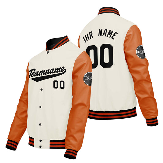 Maßgeschneiderte Creme Weiß Orange Letterman Varsity Jacket Individuelle Stickerei Druck nach Ihrem Wunsch