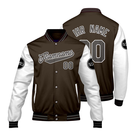 Maßgeschneiderte Braun Weiß Letterman Varsity Jacket Individuelle Stickerei Druck nach Ihrem Wunsch