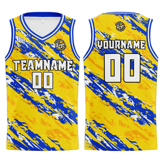 Benutzerdefinierter Gelb Blau Basketball Jersey Uniform Anzug gedruckt Ihr Logo Name Nummer