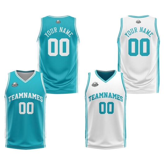 Benutzerdefinierte Cyan Weiß Reversible Basketball Jersey Personalisierte Print Name Nummer Logo
