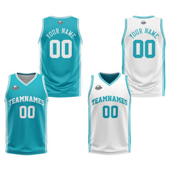Benutzerdefinierte Cyan Weiß Reversible Basketball Jersey Personalisierte Print Name Nummer Logo
