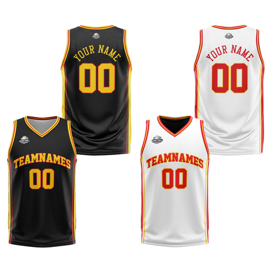 Benutzerdefinierte Schwarz Weiß Gelb Rot Reversible Basketball Jersey Personalisierte Print Name Nummer Logo