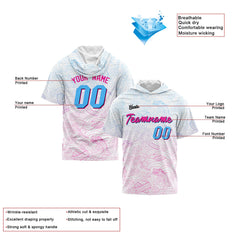 Benutzerdefinierte Weiß Rosa Hellblau Kurzarm-Kapuzenpullover für Männer Frauen Hemden mit Kapuzen gedruckt Name Logo