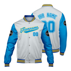 Maßgeschneiderte Grau Blue Letterman Varsity Jacket Individuelle Stickerei Druck nach Ihrem Wunsch