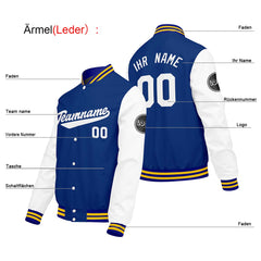 Maßgeschneiderte Weiß Blau Letterman Varsity Jacket Individuelle Stickerei Druck nach Ihrem Wunsch