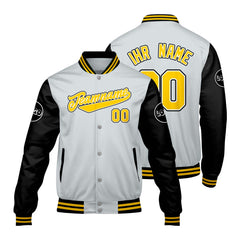 Maßgeschneiderte Hellgrau Schwarz Letterman Varsity Jacket Individuelle Stickerei Druck nach Ihrem Wunsch
