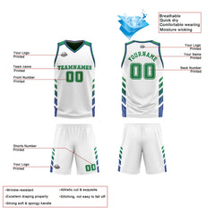 Benutzerdefinierte Weiß Grün Reversible Basketball Jersey Personalisierte Print Name Nummer Logo