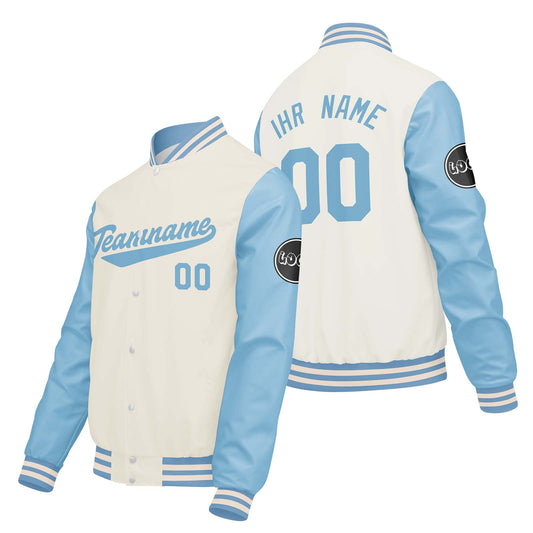 Maßgeschneiderte Creme Weiß Blau Letterman Varsity Jacket Individuelle Stickerei Druck nach Ihrem Wunsch