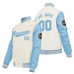 Maßgeschneiderte Creme Weiß Blau Letterman Varsity Jacket Individuelle Stickerei Druck nach Ihrem Wunsch