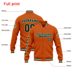 Benutzerdefinierte Varsity-Jacke. Letterman-Jacke für Männer, Frauen und Jugendliche Orange Dunkelgrün
