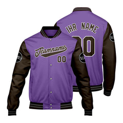 Maßgeschneiderte Lila Braun Letterman Varsity Jacket Individuelle Stickerei Druck nach Ihrem Wunsch